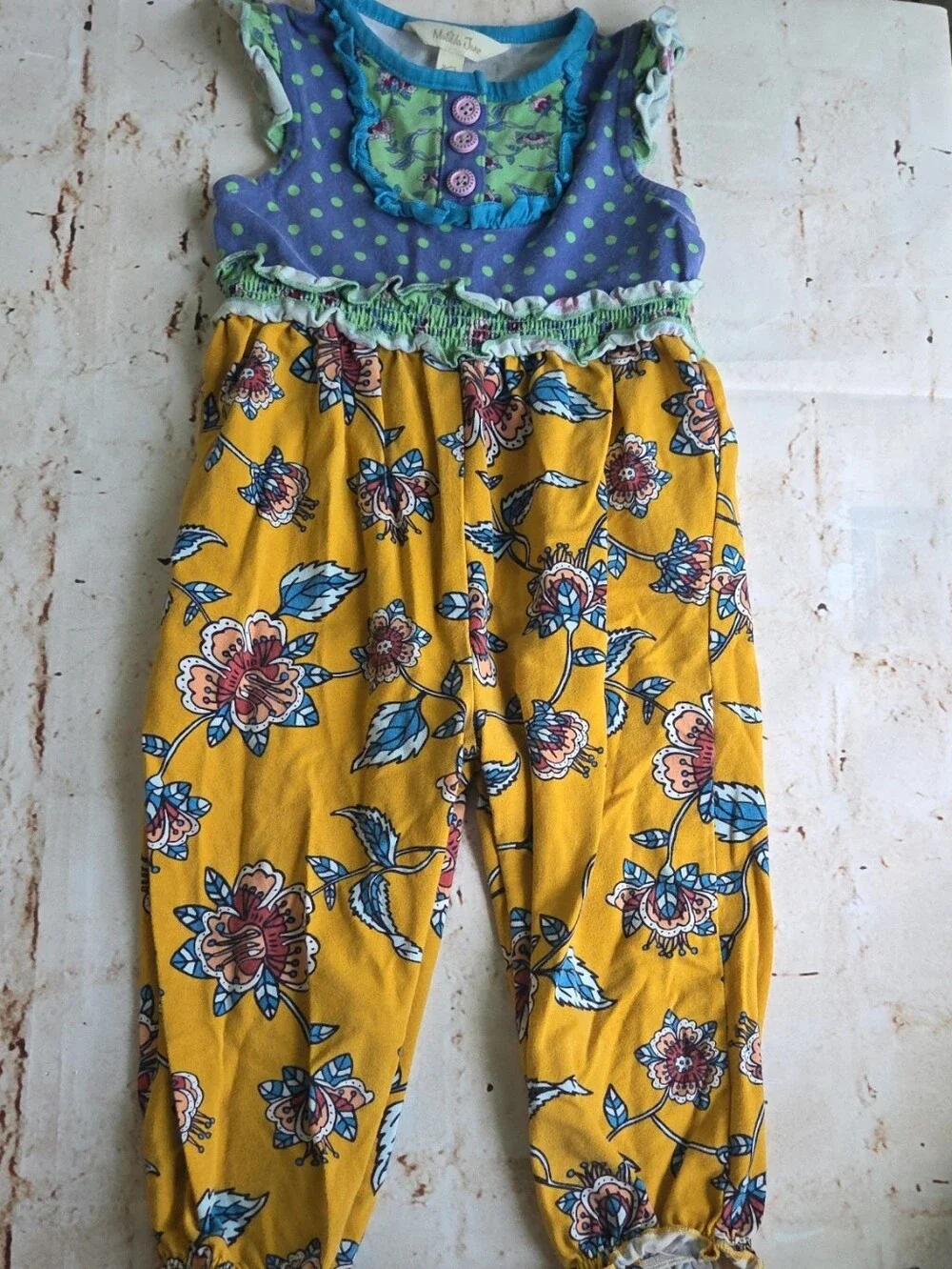Matilda Jane Yellow Floral Romper with Blue Polka Dot Top